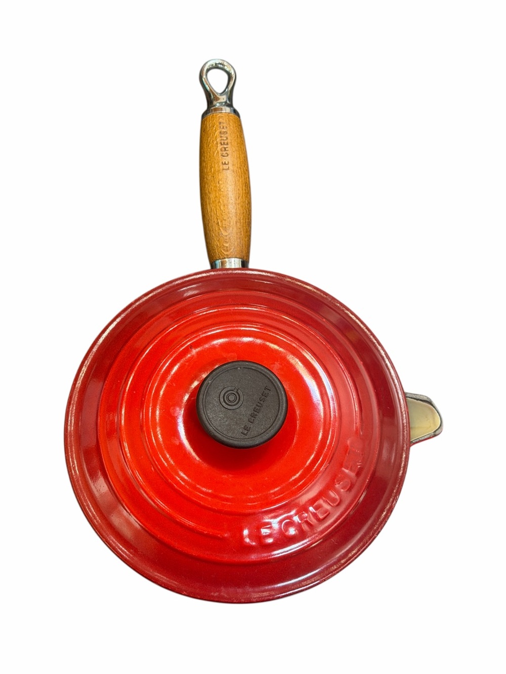 Le Creuset Red Enameled Cast Iron 18 Skillet with Wooden Handle